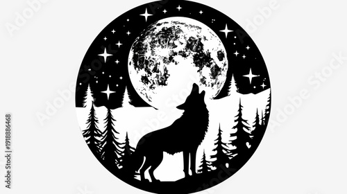Silhouette of a howling wolf with moon and stars in a circle design