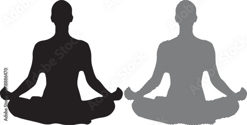 Two distinct artistic representations of a person meditating in the lotus pose showcasing silhouette and hatched fill styles for conceptual design elements