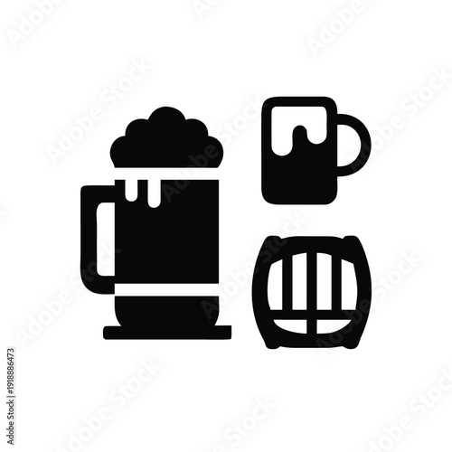 Pub festival icons including beer mugs barrels and festive foam splashes Vector illustration