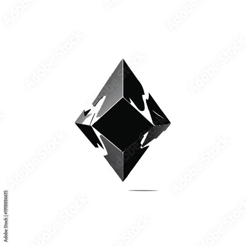 A fascinating black diamond shape with abstract, shattered edges, creating a dynamic and edgy visual representation of complexity and modern design on white