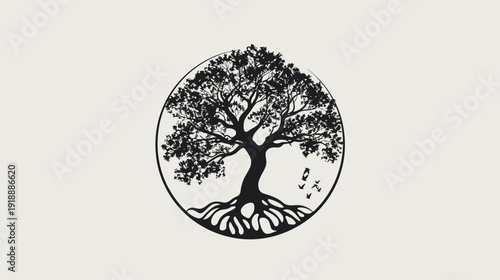 Circular tree illustration detailed silhouette symbol of growth and nature