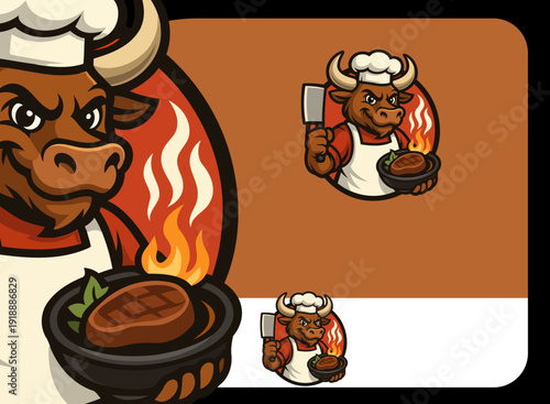 A determined bull character wearing a chef's hat proudly presents a steak, embodying culinary skills and a passion for cooking in a vibrant logo design.