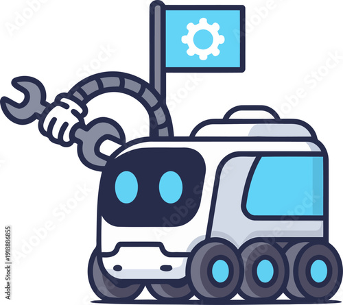 An adorable robot illustration featuring a raised arm with a wrench and a flag, symbolizing repair and mechanical expertise, set in a playful and friendly style.