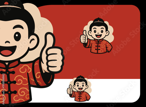 A cheerful young boy in traditional clothing, offering a thumbs up, embodying positivity and happiness in a vibrant and culturally rich illustration style.