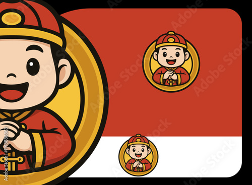 An illustration of a young boy dressed in traditional attire, smiling and holding coins, symbolizing prosperity and festive spirit in a vibrant and engaging artistic style.