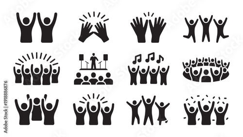 Crowd Celebrating with Raised Hands in Simple Silhouette Style on White Background for Social Media Icons