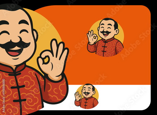 A pleasant character in a traditional outfit expresses positivity and professionalism, ideal for conveying trust and reliability for a design studio's branding.