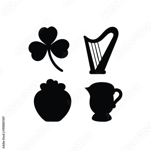 Irish folklore design elements featuring harp clover and traditional motifs Vector illustration