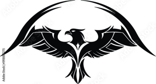 Black eagle wings emblem with stylized bird head, powerful tribal silhouette logo illustration symbolizing strength, freedom, protection, and aggressive modern branding design