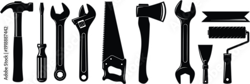 Black silhouette construction and repair tools icons set with hammer, screwdriver, wrench, saw, axe, and paint roller, flat vector symbols for industrial and workshop design