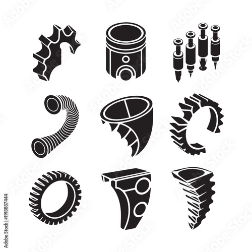 Collection of various industrial parts rendered in black and white, featuring gears, pistons, tubes, and other mechanical elements