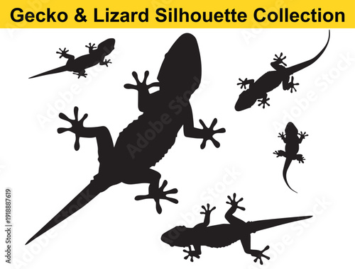 Geckos and lizards silhouette set with various poses and shapes featuring collection, reptiles, animals with wild and fauna elements for black, white projects, clean composition on simple background