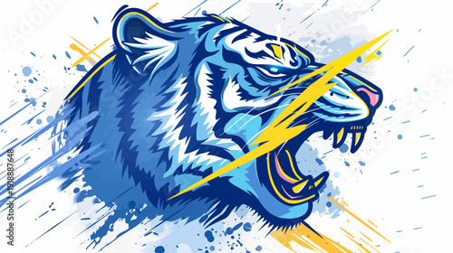 Roaring blue tiger head with lightning bolt vector illustration