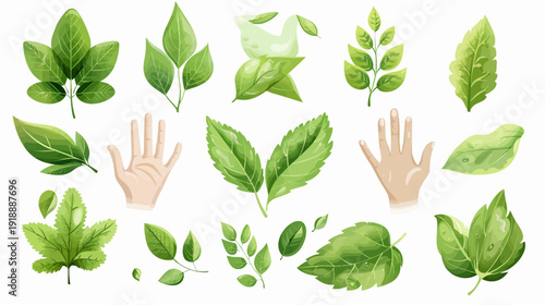 Watercolor green leaves and hands illustrations for nature and environmental designs