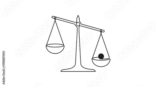 Imbalanced scales with single weight in minimalist line art in black and white for justice and fairness