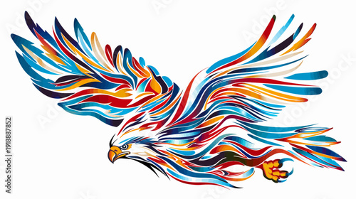 Colorful eagle soaring with open wings isolated on white background