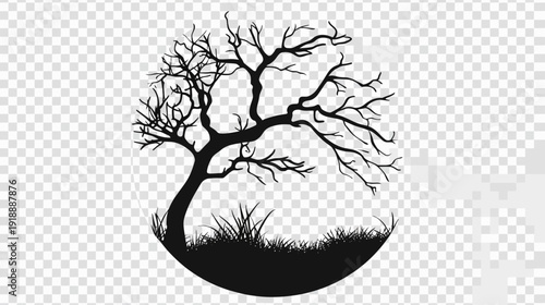 Silhouette of a bare tree inside a circle against a transparent background