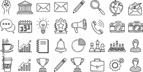 Hand drawn business icons set with office elements, marketing symbols, strategy tools, communication graphics, and creative workflow sketches in doodle style