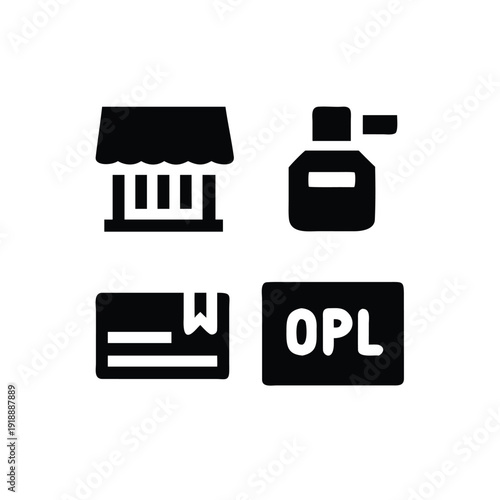 Small business icon set featuring shop storefront and open sign Vector illustration