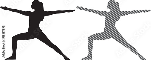 Silhouette vector graphics depicting a strong woman performing the warrior two yoga pose showing balance strength and mindful stretching against a stark white background