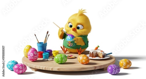 Cartoon chick painting colorful Easter eggs on a wooden table with paintbrush, vibrant paints, and decorated eggs, celebrating the festive holiday spirit