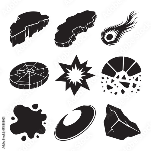 Set of nine black and white icons representing explosions, debris, and abstract shapes for impact or destruction themes.