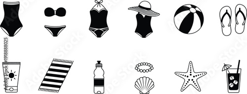 Summer vacation beach holiday icons set, cad drawing flat vector illustration featuring swimwear, sun protection, starfish, shells, and tropical drinks.