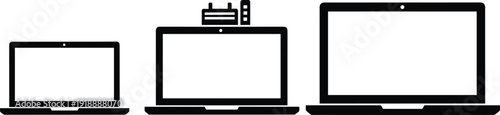 Three laptop computer icons set, cad drawing flat vector illustration featuring different screen sizes, hardware peripherals, and digital technology display symbols.
