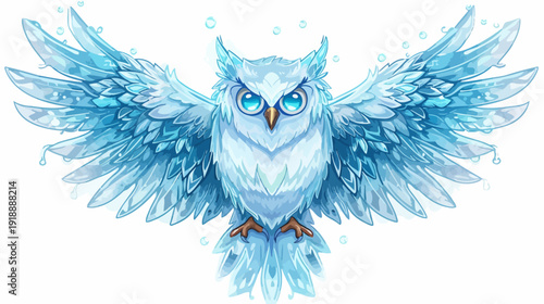 Fantasy illustration of a majestic owl with wings spread in a white background
