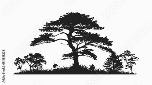 Silhouette of a majestic tree with foliage on white background