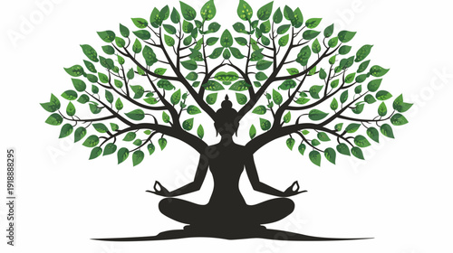 Meditating figure under tree symbolizing peace and harmony