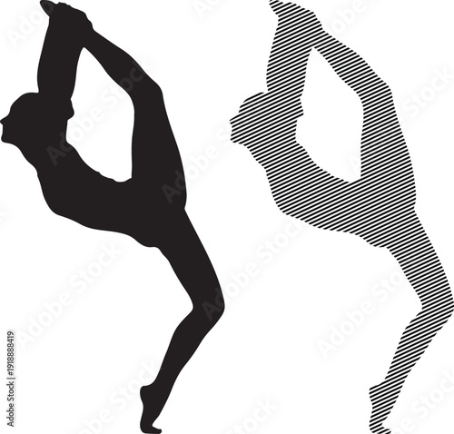 Silhouette vector set illustrating a female rhythmic gymnast performing a demanding needle scale flexibility pose ideal for sports design projects and athletic branding