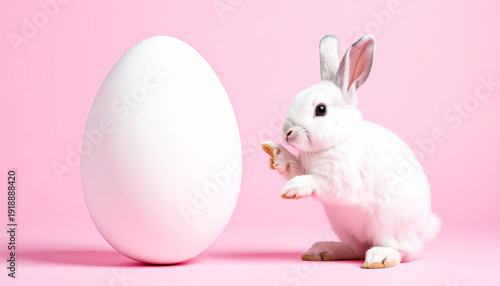 easter bunny with egg. easter bunny pointed to a blank egg for text on pink background	
