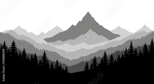 Stylized Vector Illustration of Layered Grey Mountains with Silhouetted Trees Amidst Serene Landscape