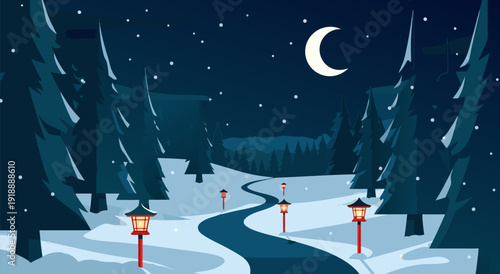 Vector Illustration of Moonlit Snowy Forest with Winding Shadowy Road and Red Street Lamps
