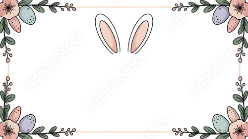 Easter bunny ears frame with floral border, isolated on white background.