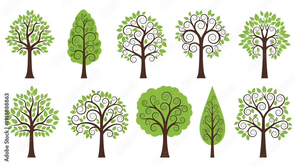 Fototapeta premium Stylized trees vector graphics collection diverse shapes for design projects