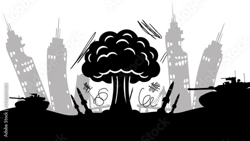 nuclear mushroom cloud explosion between city skyscrapers with military tanks and barbed