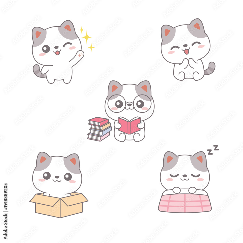 Fototapeta premium Cute Chibi Cat Mascot Character Set