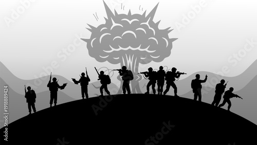 soldiers silhouettes standing on hill against background of massive nuclear explosion cloud
