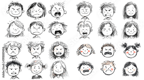 Hand drawn pencil sketches of children faces with different emotions and playful expressions. Cute kid portrait studies isolated on white background.