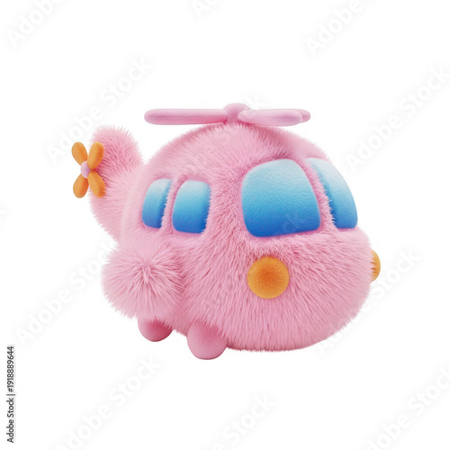 A cute pink helicopter plush toy with a smiling face and a propeller on top. isolated on transparent background