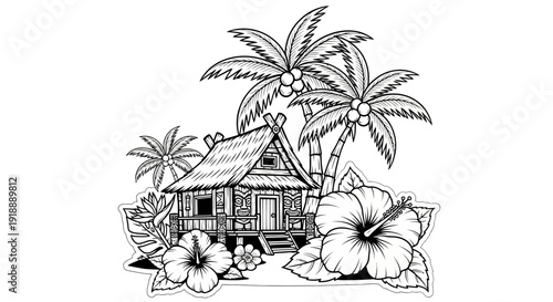 Black and white illustration of a tropical bungalow with palm trees and flowers
