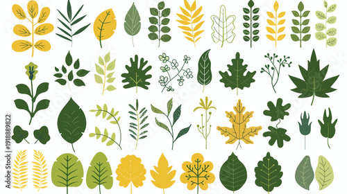 Collection of stylized botanical leaves illustrations in various shapes and colors