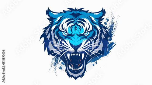 Vivid tiger head illustration with blue tones on white background