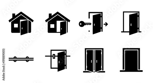 Open door real estate flat line icon set black vector