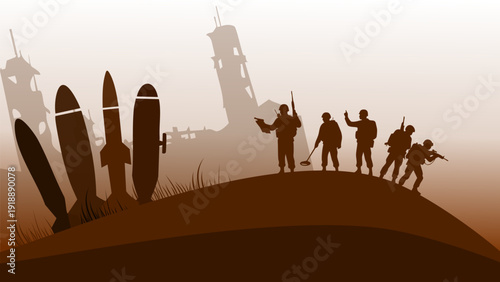army soldiers silhouettes standing on hill with large missiles and brown sky