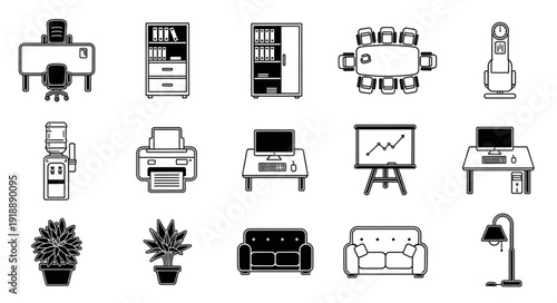 Collection of Office Furniture and Equipment Icons.