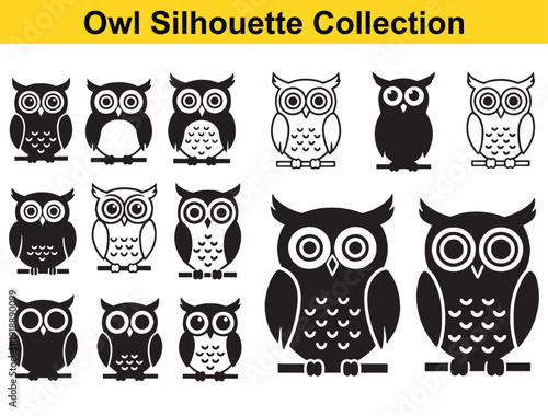 Owls silhouette collection with various designs and poses, black and white styles featuring owl, birds, nocturnal with wise and symbolism elements for graphics, illustrations projects, clean