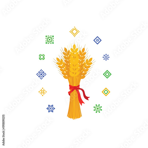 Illustration of a wheat sheaf tied with a red ribbon surrounded by colorful geometric patterns on a white background.